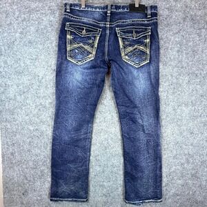 True Luck Jeans Mens 34 Blue Dark Y2K Relaxed Straight Embroidered Flap Pockets